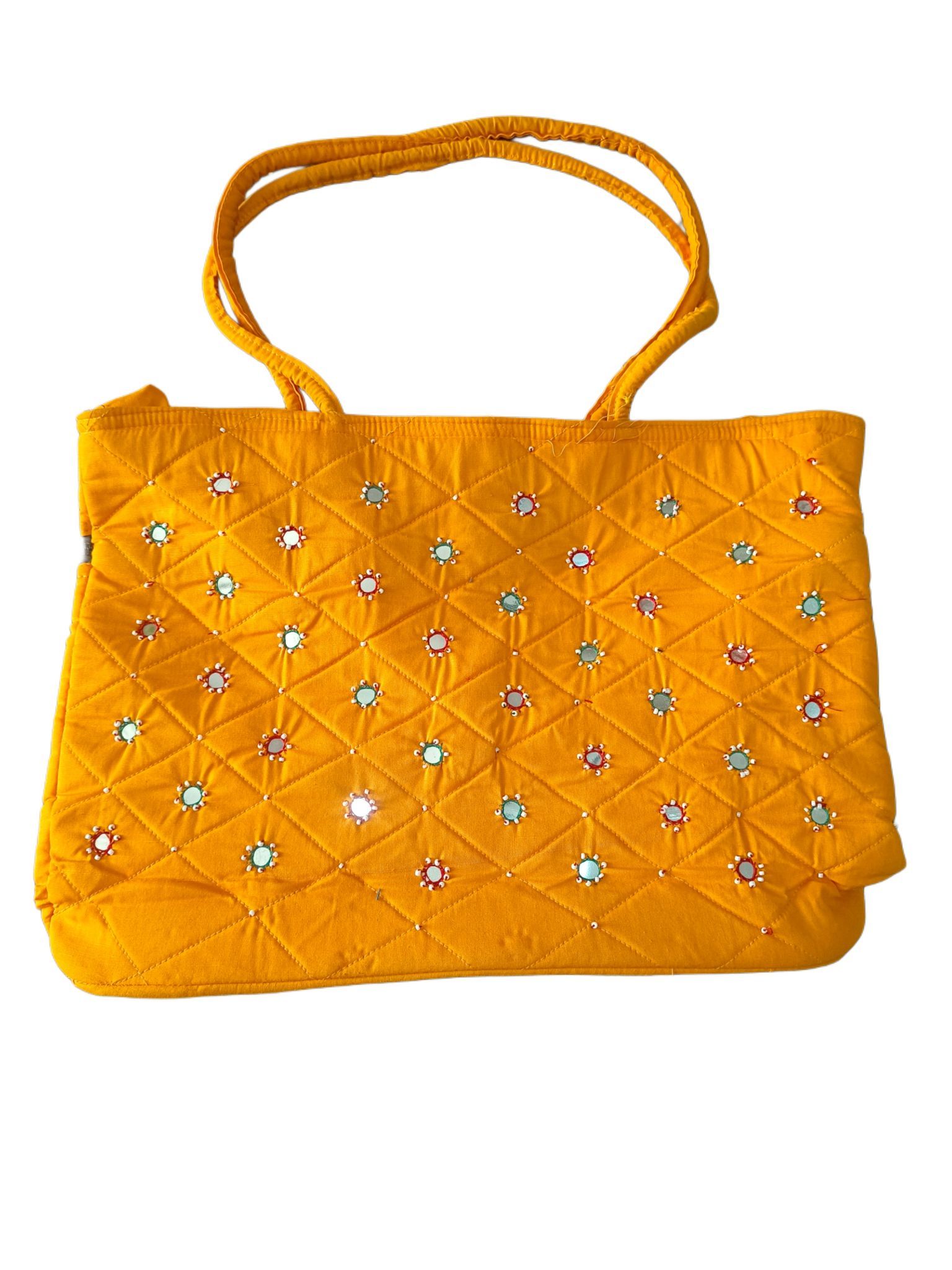 Quilted cotton tote bag with mirror work in yellow color