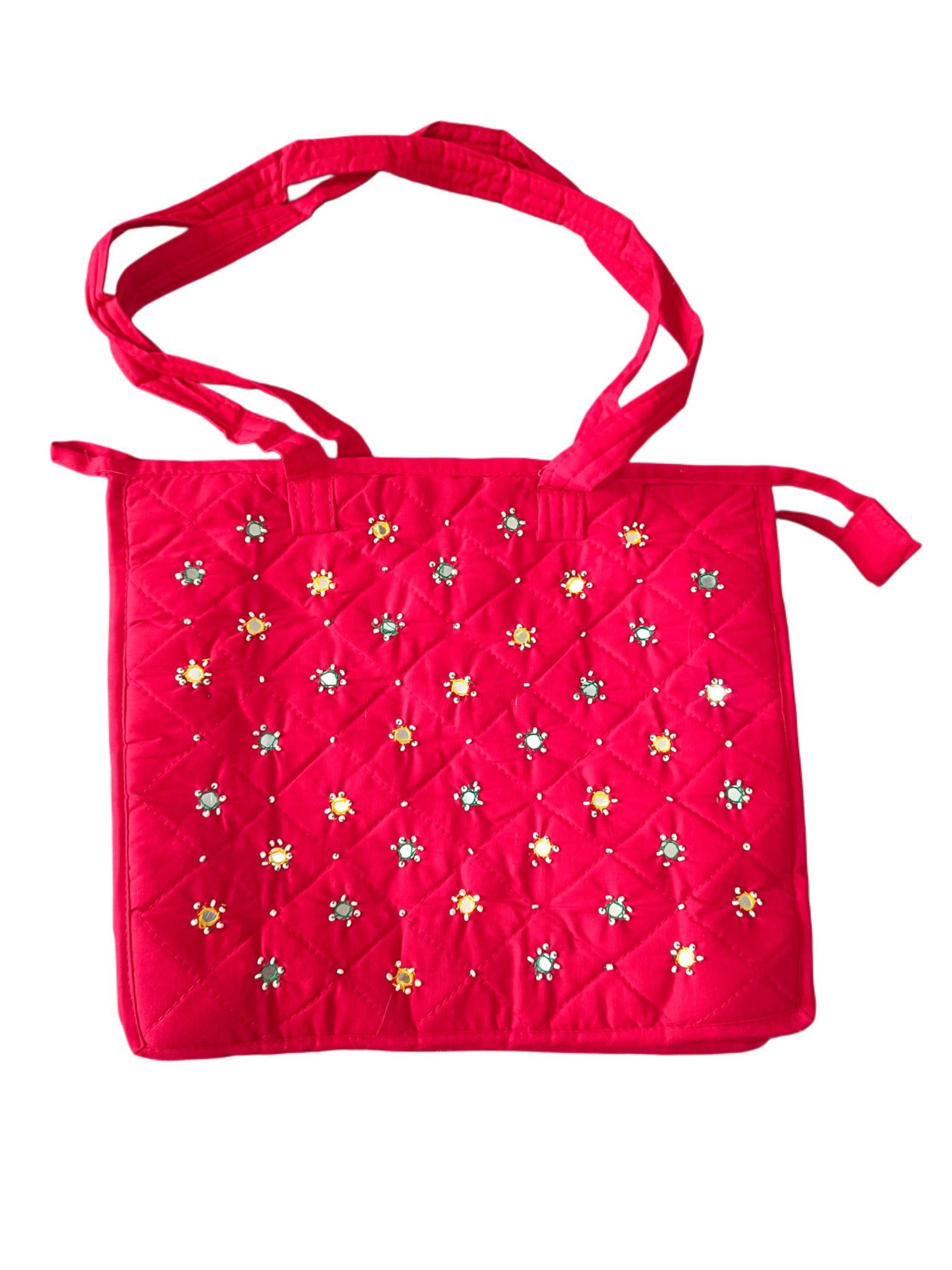 Red Hand Embroidered Mirror Work Tote Bag with Adjustable Strap