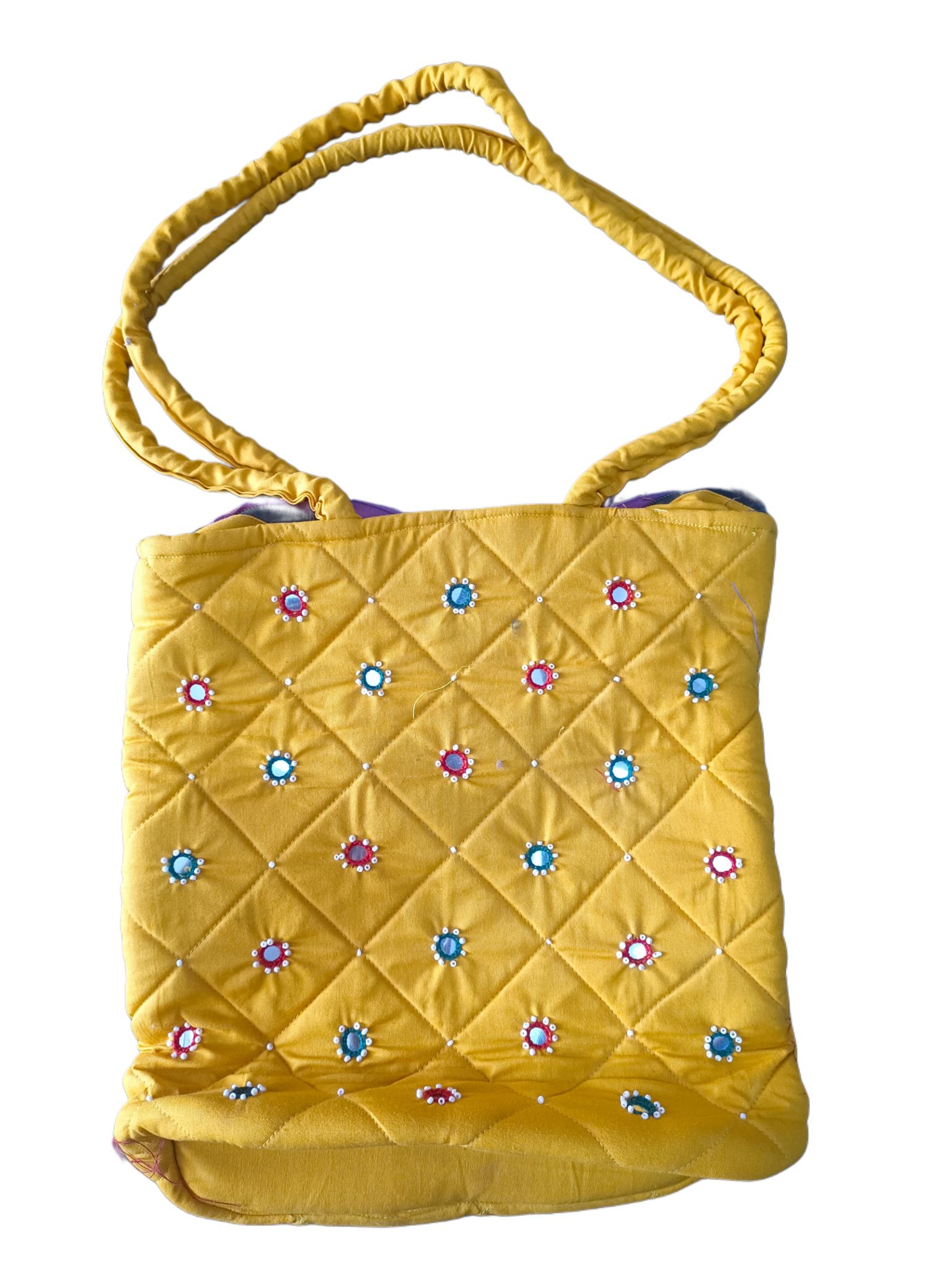 Quilted cotton tote bag with mirror and bead embellishment