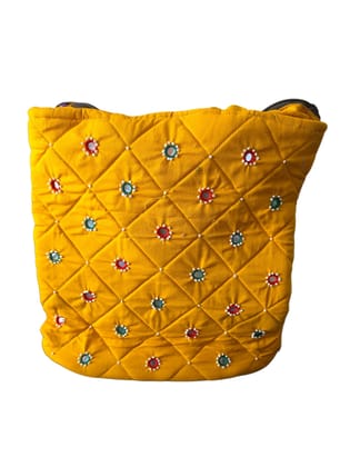 Quilted cotton tote bag with mirror and bead embellishment Quilted cotton tote bag with mirror and bead embellishment