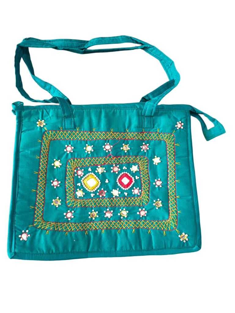 Green Hand Embroidered Mirror Work Tote Bag with Adjustable Strap - Handbags | Buy online on ZillyBuy