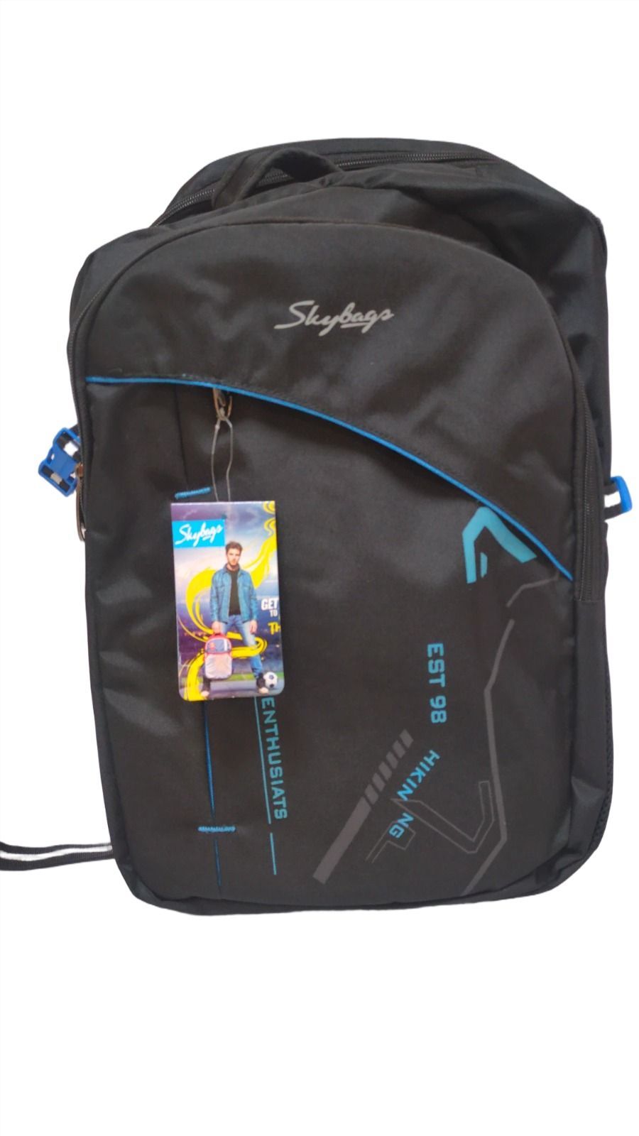 Black and Blue Durable Polyester Backpack with Multiple Compartments and Padded Shoulder Straps