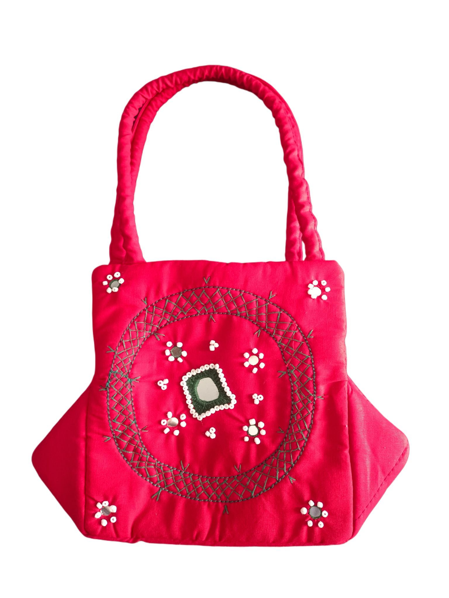 Red Hand Embroidered Mirror Work Ethnic Potli Bag