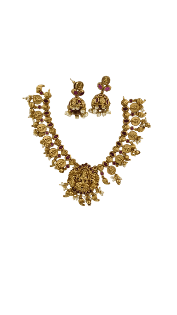 oxidized gold plated traditional temple necklace set with ruby stones and pearls - Jewellery Sets | Buy online on ZillyBuy