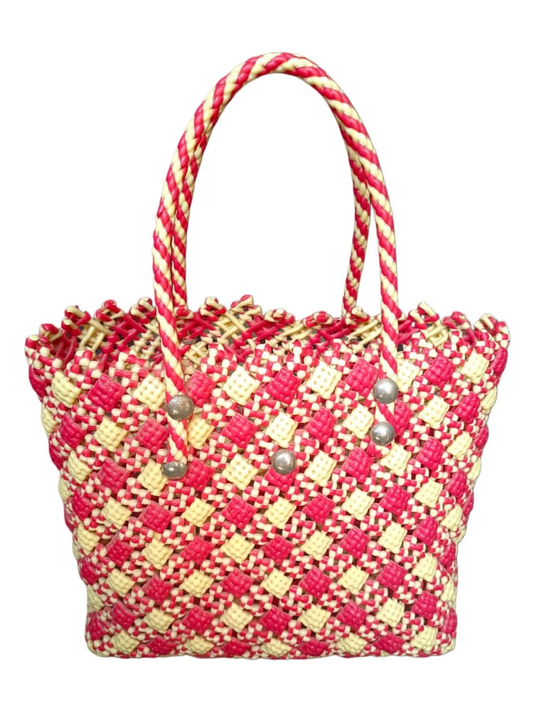 Red and White Handwoven Plastic Tote Bag with Button Accents - Handbags | Buy online on ZillyBuy
