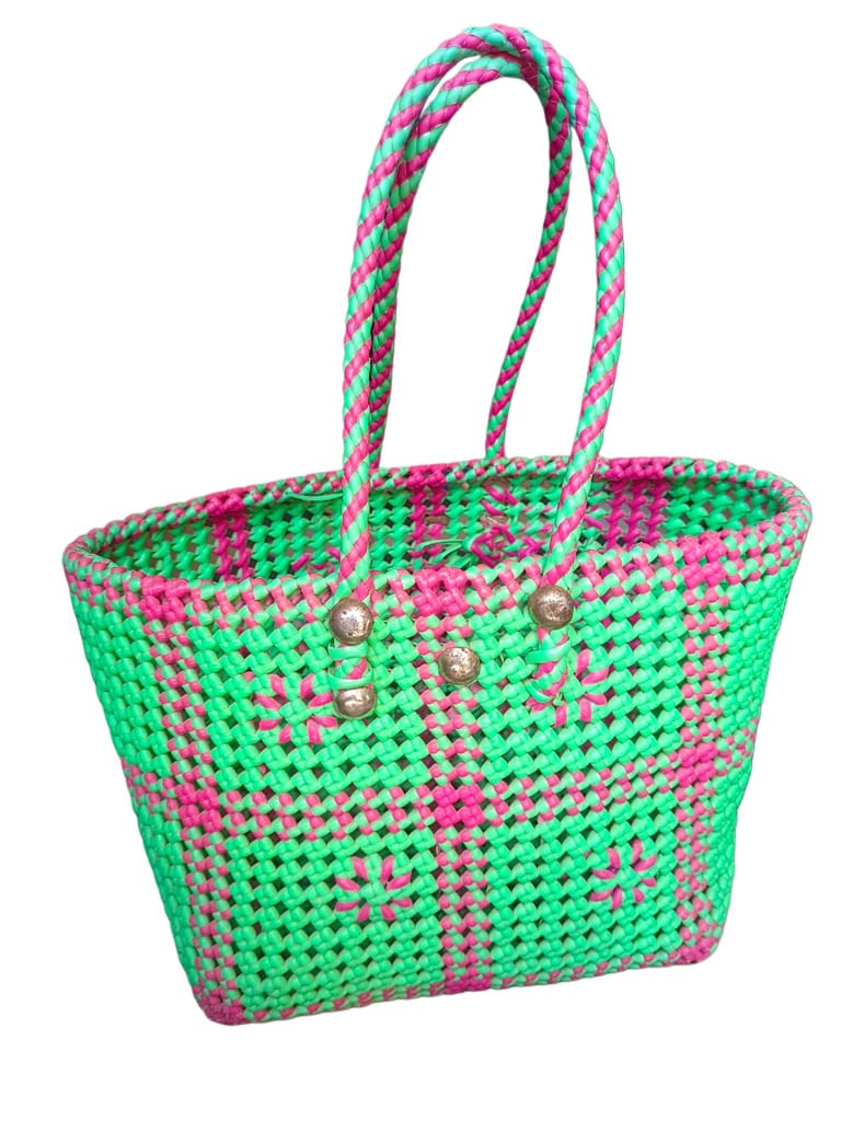 Small Green and Pink Handwoven Market Tote Bag with Double Handles - Handbags | Buy online on ZillyBuy