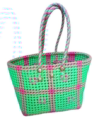 Small Green and Pink Handwoven Market Tote Bag with Double Handles Small Green and Pink Handwoven Market Tote Bag with Double Handles