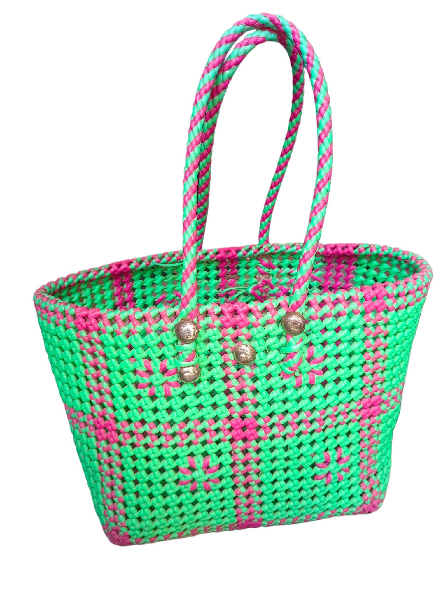 Small Green and Pink Handwoven Market Tote Bag with Double Handles