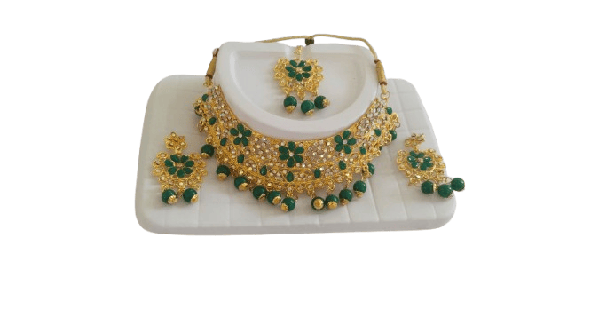 Green Kundan Meenakari Necklace Set with Earrings and Maang Tikka