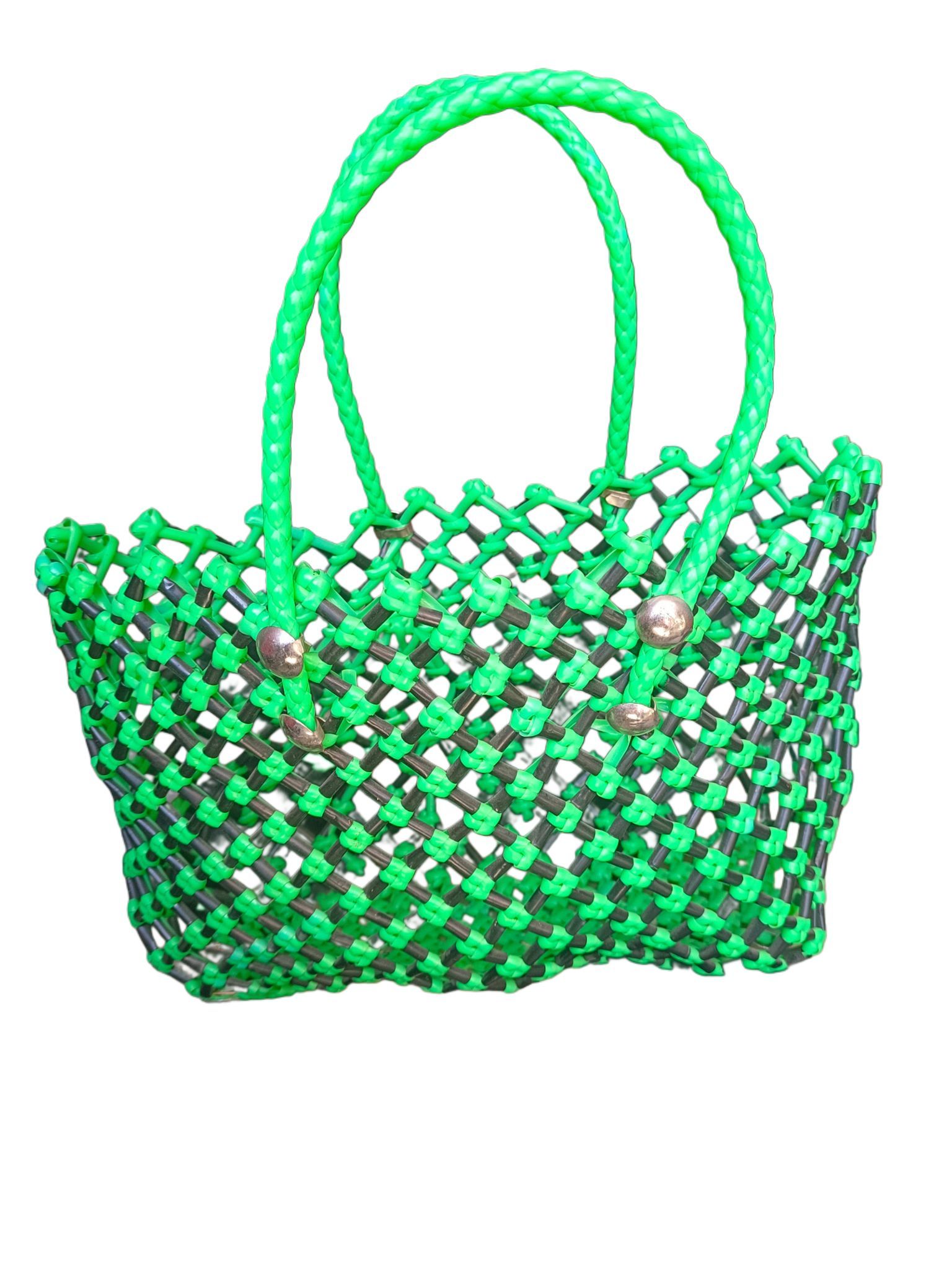 Green Handwoven Plastic Bag with Double Handles