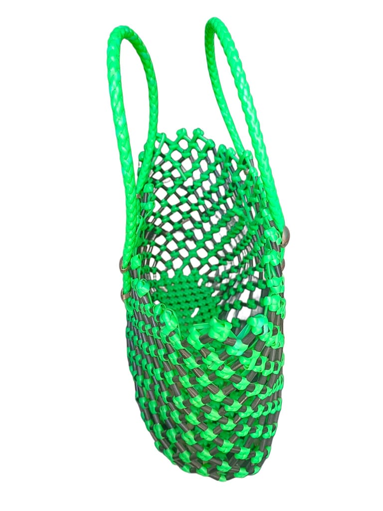 Green Handwoven Plastic Bag with Double Handles