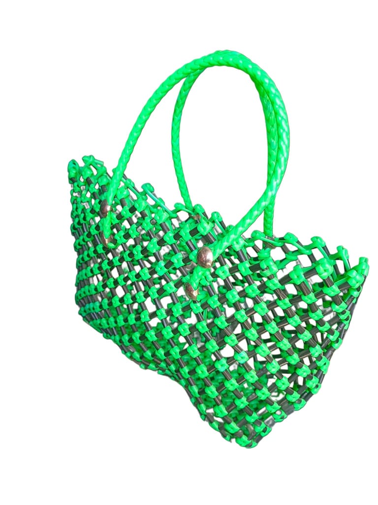 Green Handwoven Plastic Bag with Double Handles