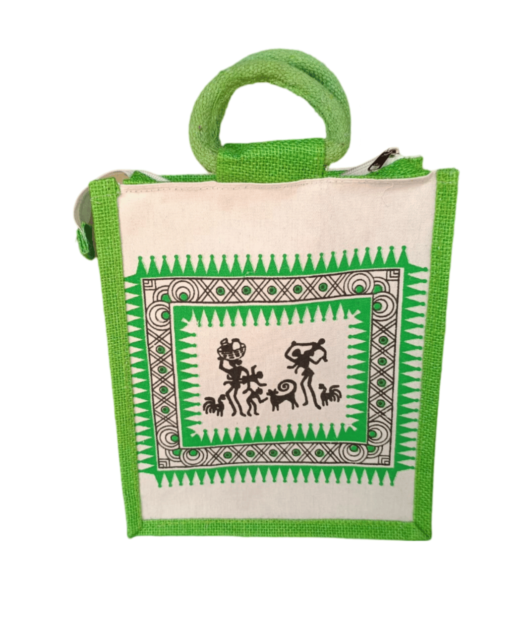 Handcrafted Green Jute Lunch Bag with Warli Painting - Eco-Friendly and Reusable Tiffin Bag for Office, School, and Travel (Medium)