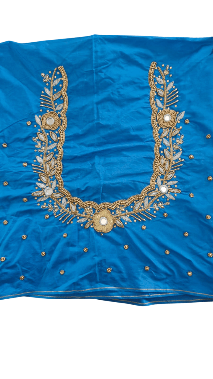 Blue Hand Embroidered Blouse Piece With Mirror Work And Zari