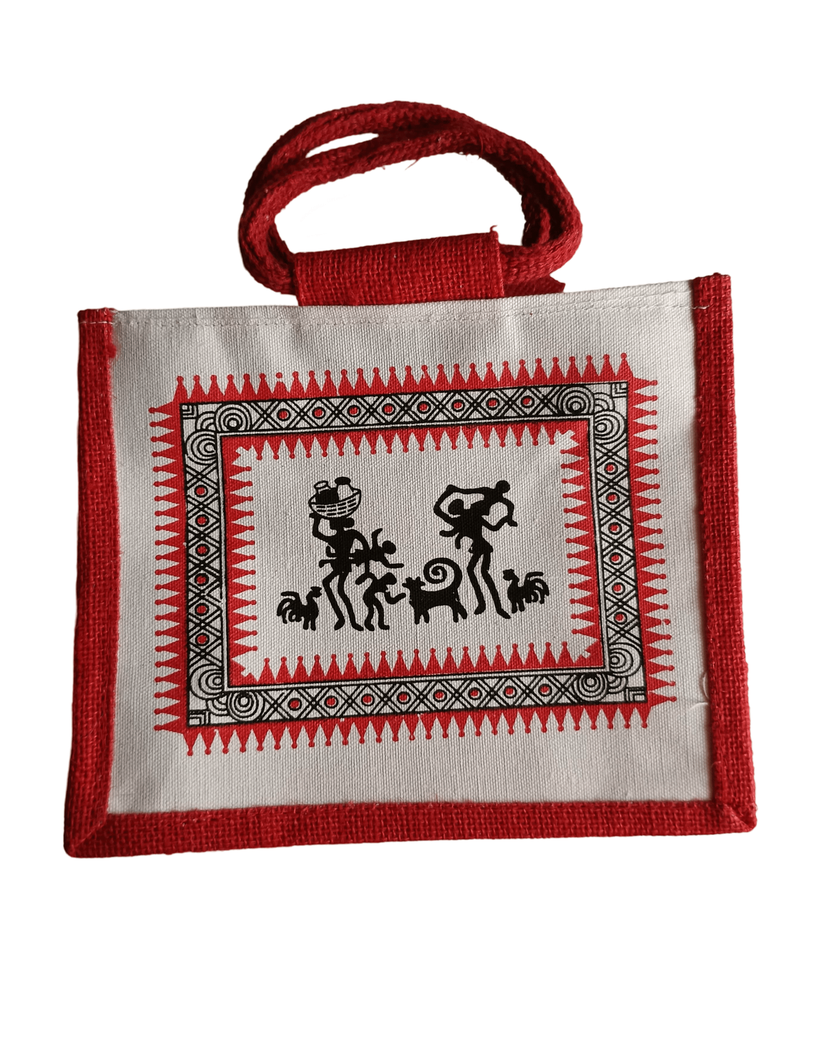 Handmade Red Jute Tote Bag with Warli Painting - Eco-Friendly and Reusable (Small)
