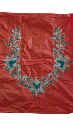 Orange Silk Saree Blouse with Floral Embroidery and Zari Border