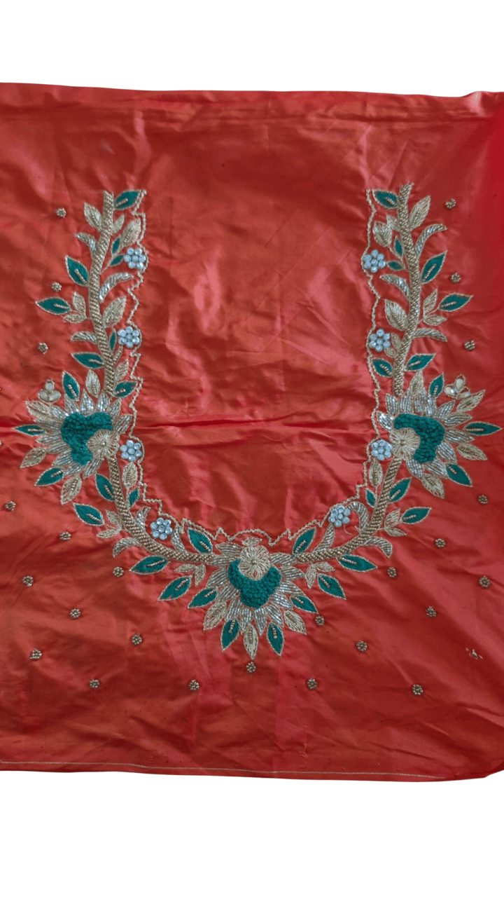 Orange Silk Saree Blouse with Floral Embroidery and Zari Border