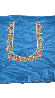 Blue Cotton Silk Saree Blouse With Floral Embroidery and Zari Work