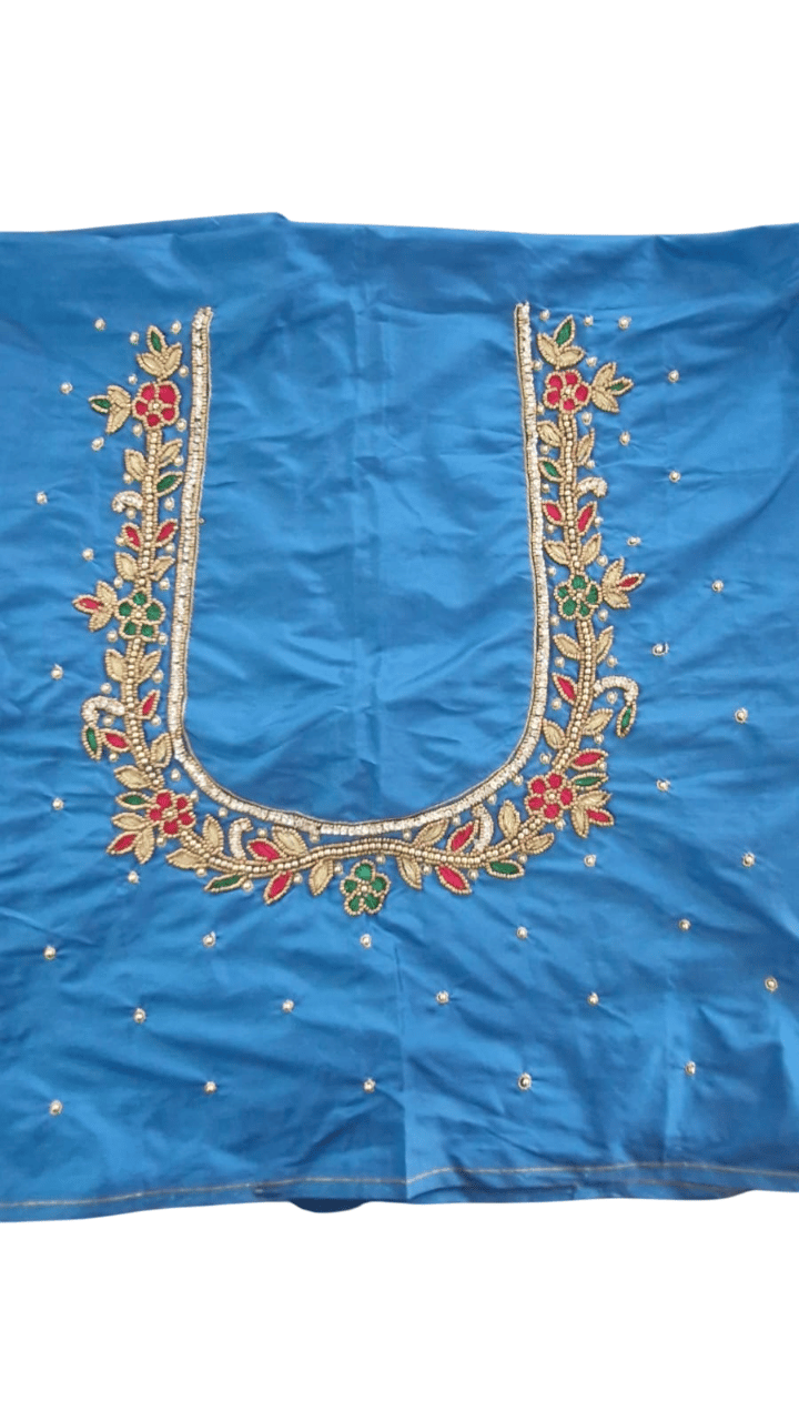 Blue Cotton Silk Saree Blouse With Floral Embroidery and Zari Work