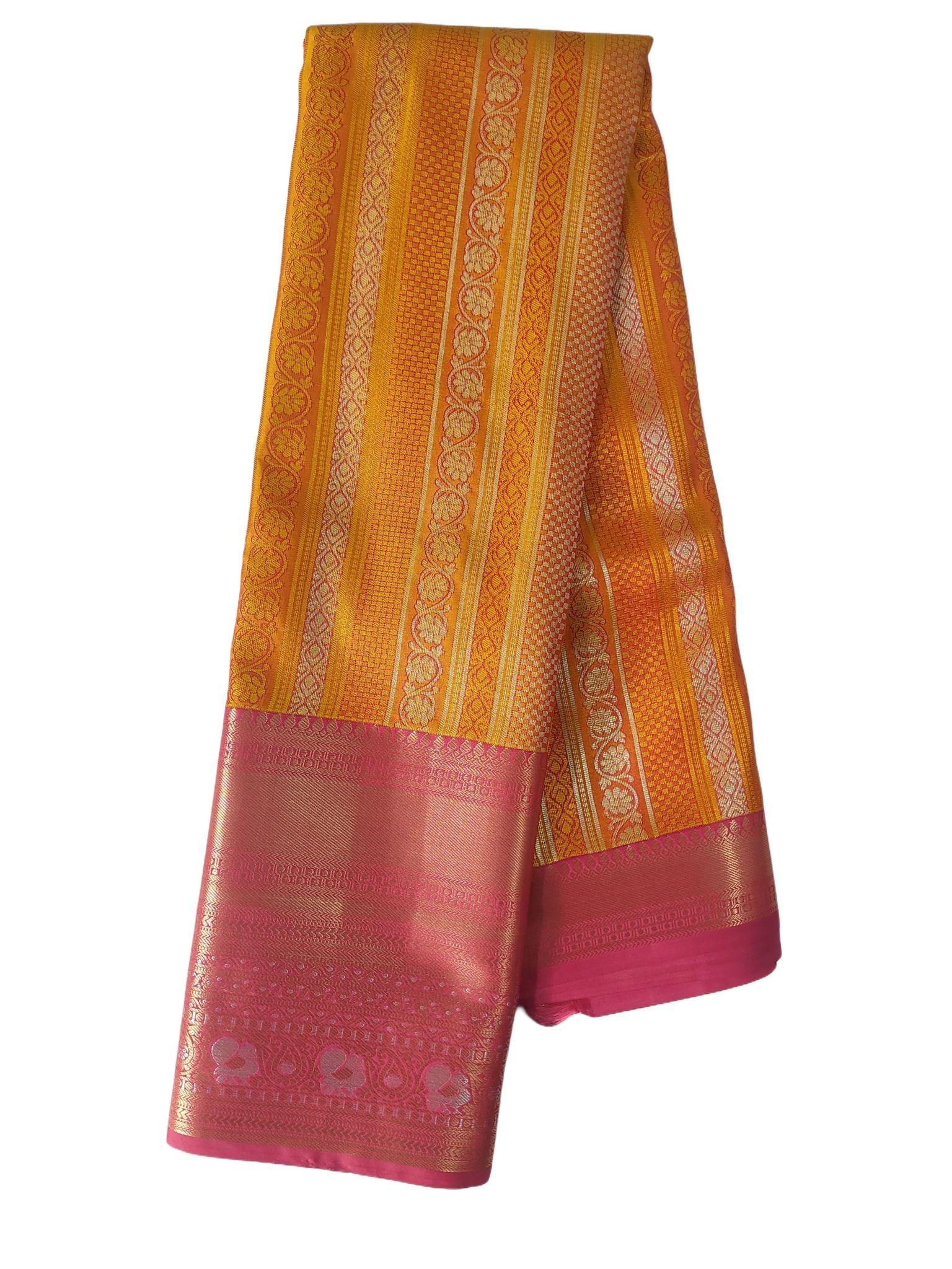 Kanjivaram sarees with yellow and  pink border.