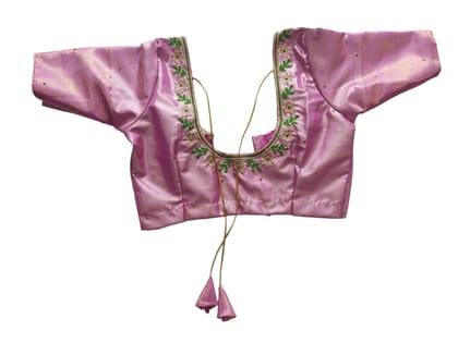 Readymade Saree Blouse for Women, Pink Color, Floral Embroidery, Short Sleeves, Round Neck