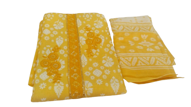 Yellow and White Floral Embroidered Cotton Suit with Chiffon Dupatta - Suits | Buy online on ZillyBuy