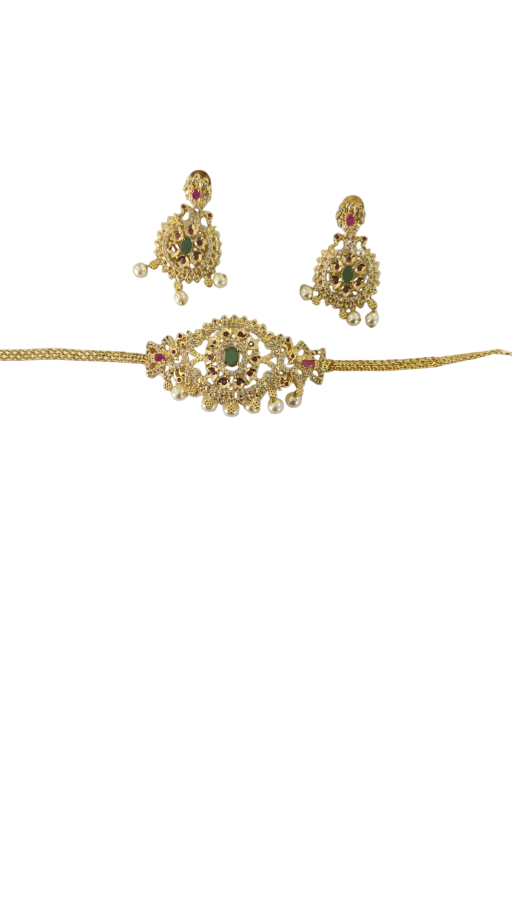 Gold-plated Kundan and Pearl Choker Necklace Set with Earrings for Women