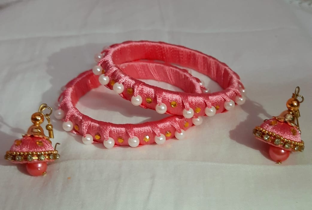 Pink Silk Thread Bangle Set with Pearl