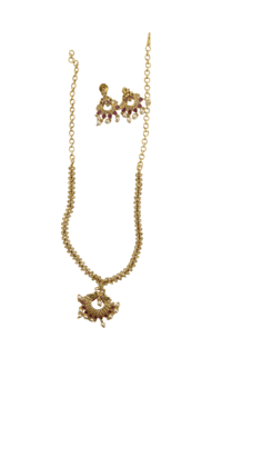 Gold-plated traditional Indian necklace set with intricate detailing and pearl drops, perfect for special occasions