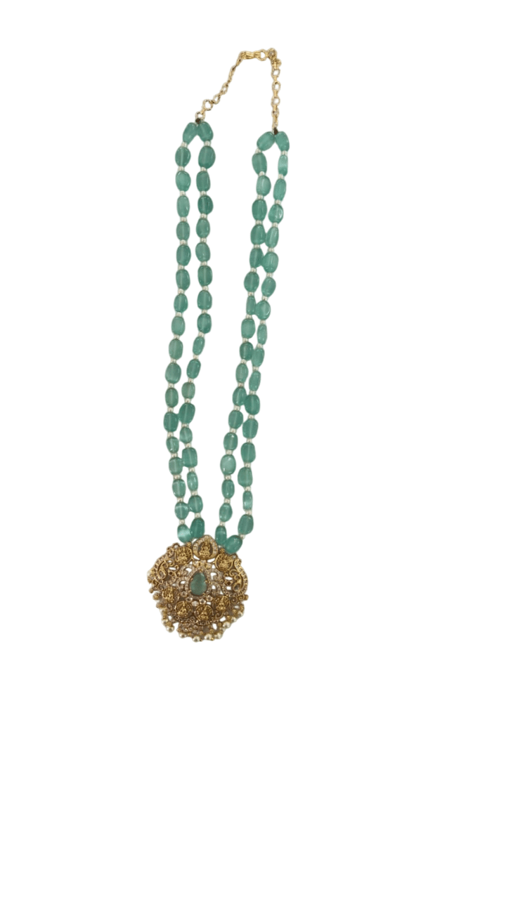 oxidized gold pendant set with green beads mala
