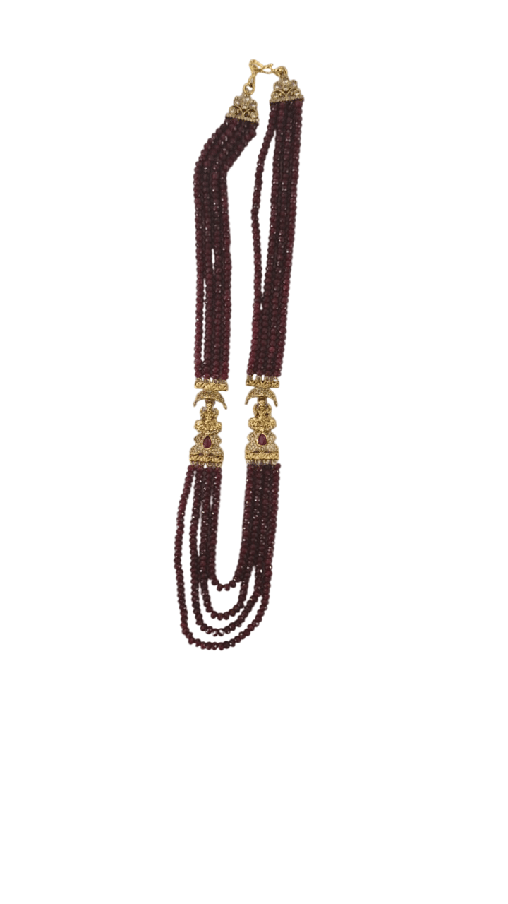 Exquisite 5 Layered Garnet and Gold Necklace with Intricate Floral Design Pendants