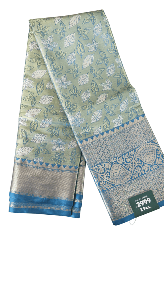 Green and Blue Leaves Pattern Brocade Jacquard Fabric Saree with 6 meters - Sarees | Buy online on ZillyBuy