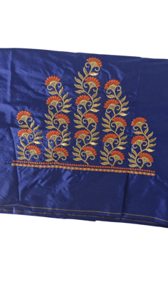 Blue Saree Blouse with Orange Floral Embroidery