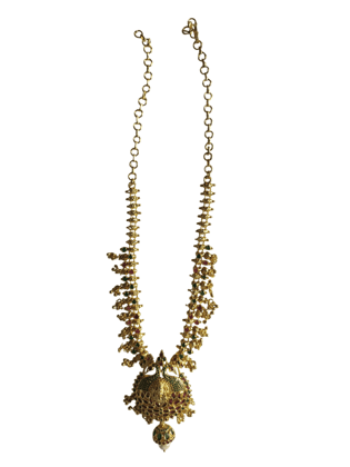 Gold plated traditional Indian haram necklace with intricate peacock design and hanging pearl