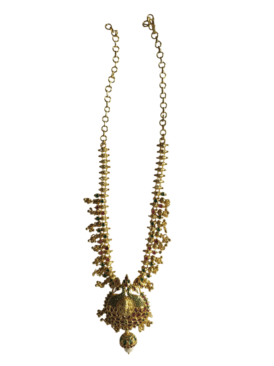Gold plated traditional Indian haram necklace with intricate peacock design and hanging pearl