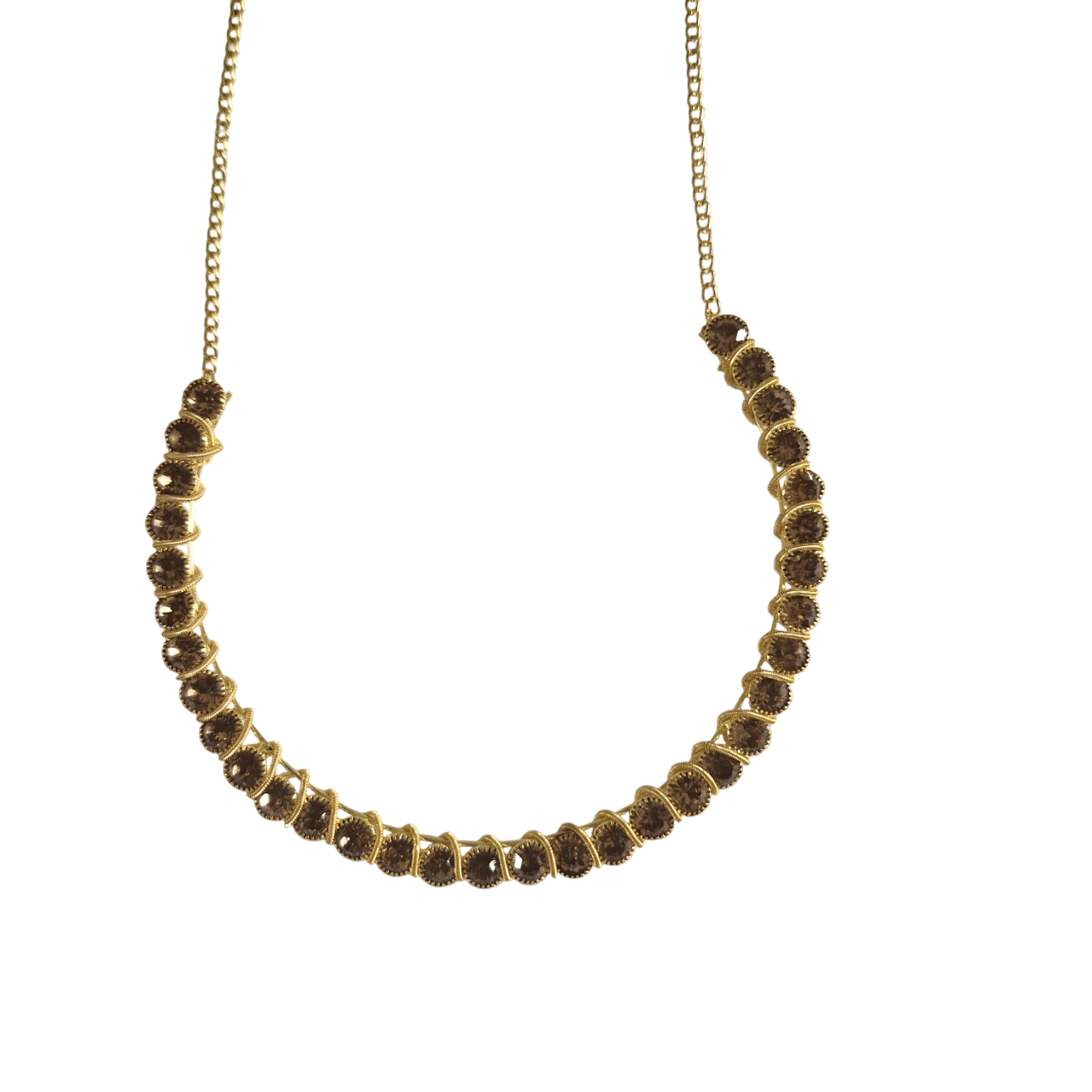 Gold Plated Copper Chain Necklace with Round Brown Crystal Rhinestones