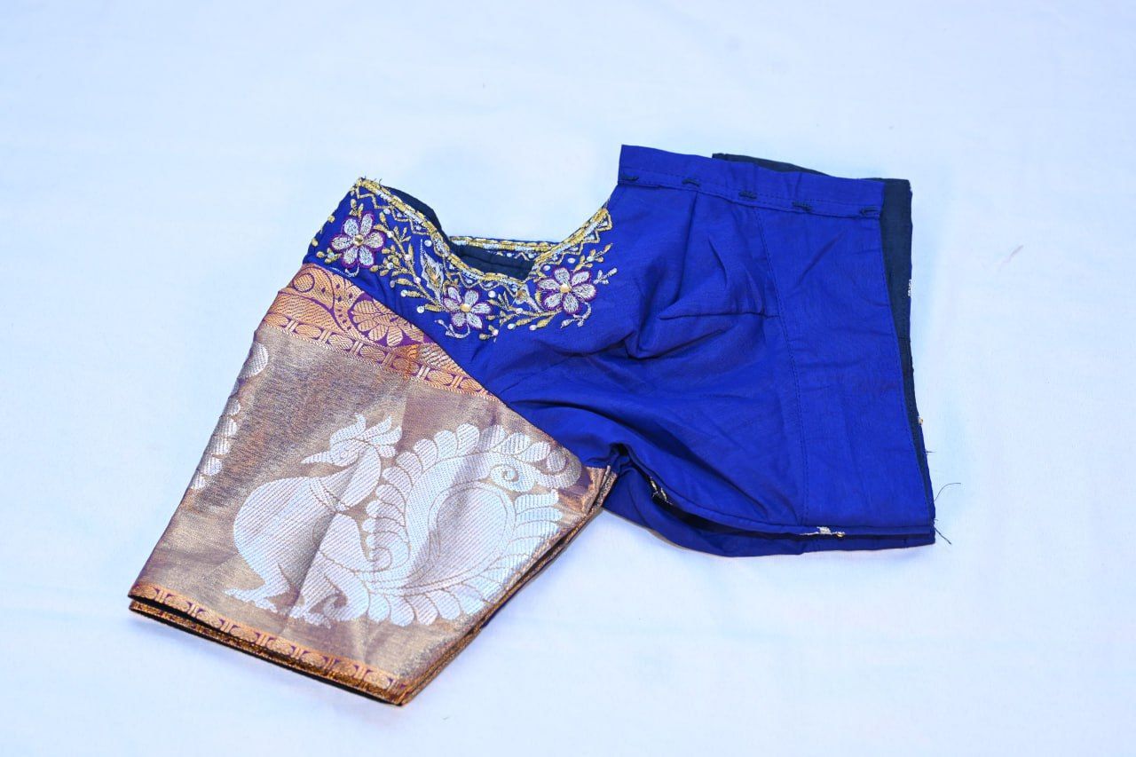 Blue Embroidered Saree Blouse With Golden Border
