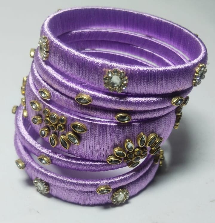 Light Purple Silk Thread Bangles with Rhinestone Accents