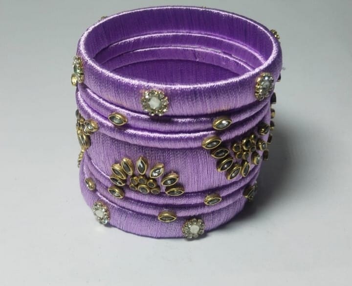 Light Purple Silk Thread Bangles with Rhinestone Accents