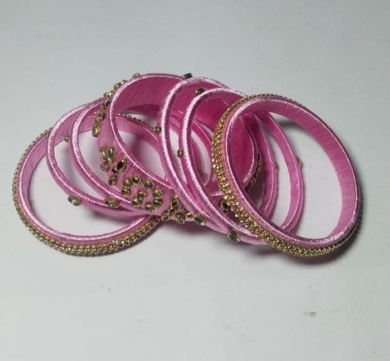 Pink Silk Thread Bangle Set with Stone Work for Women and Girls