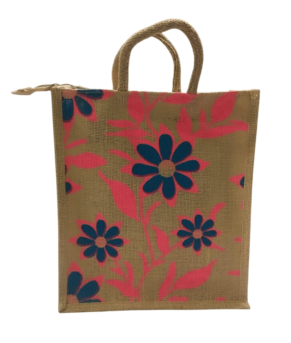 Jute Lunch Bag with Zipper Closure and Floral Print, or travel