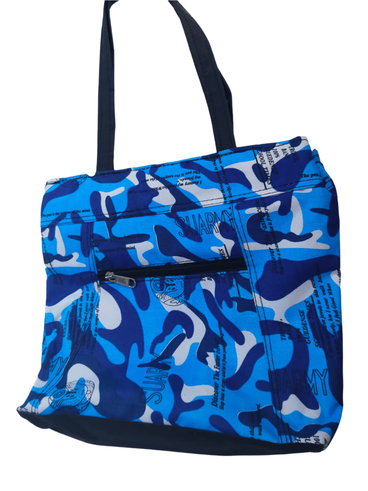 Blue camouflage tote bag with black handles