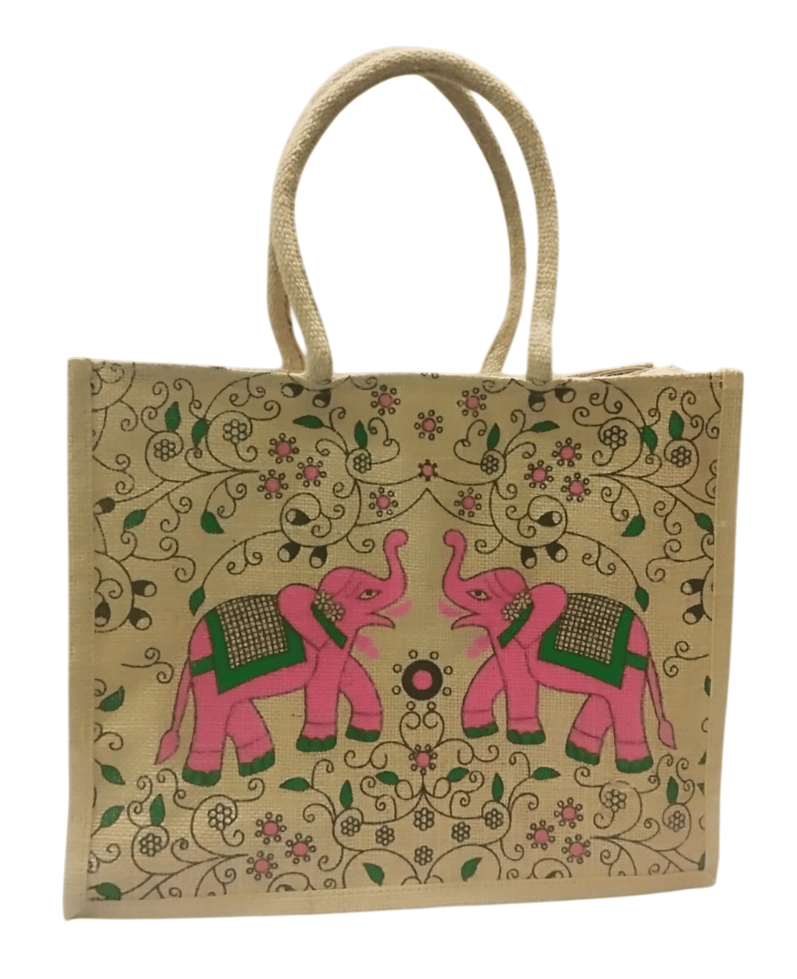 Hand-Painted Jute Tote Bag with Pink Elephants