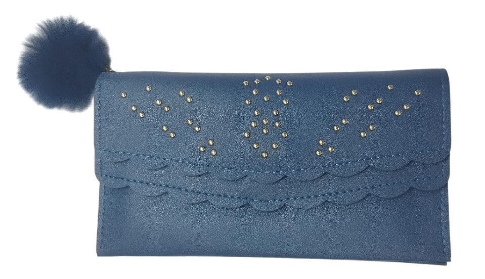Women's Blue Faux Leather Wallet with Gold Studs and Fur Pom Pom