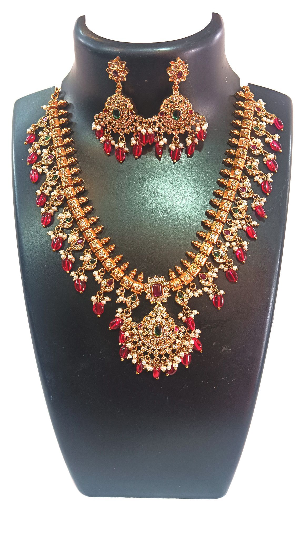 Gold-plated traditional Indian necklace set with rubies and pearls
