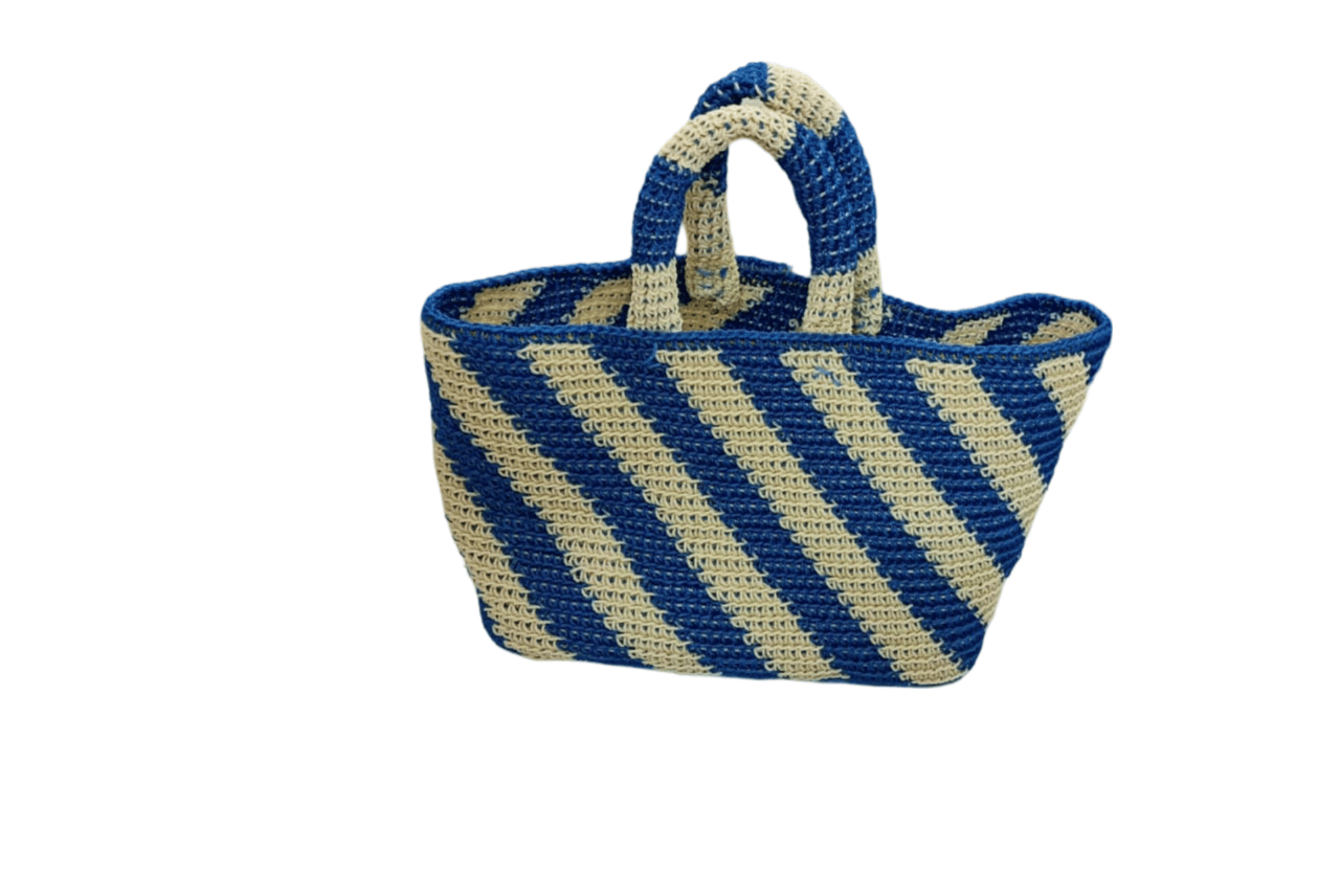 Handmade Blue and Cream Striped Raffia Tote Bag