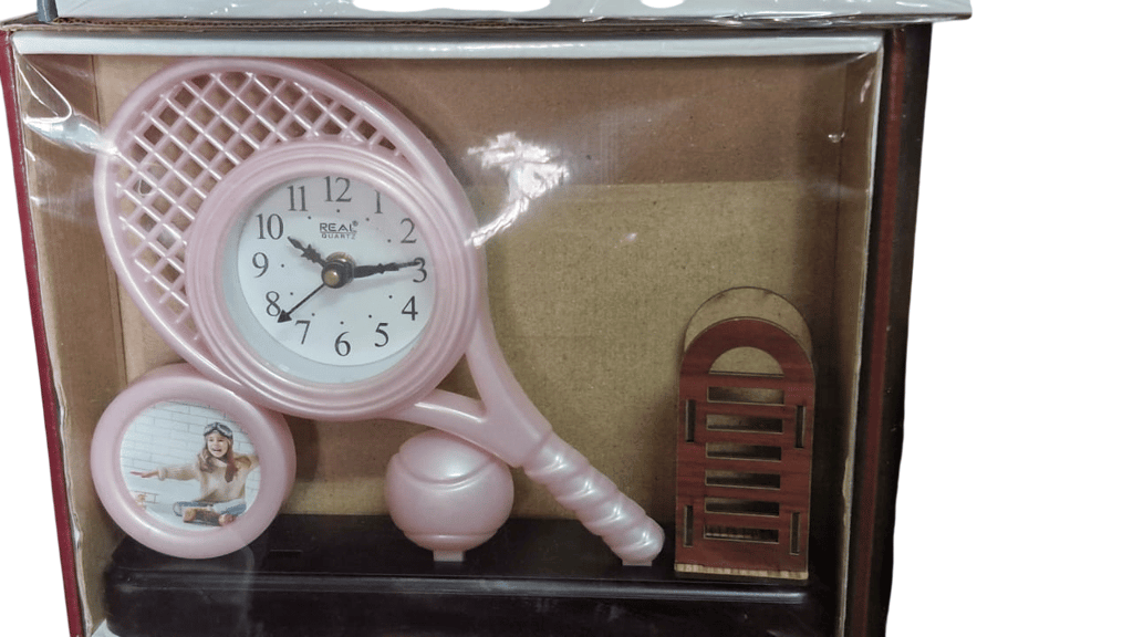 Pink Tennis Racket Table Clock with Photo Frame and Tennis Ball - Sports and Fitness Equipment | Buy online on ZillyBuy