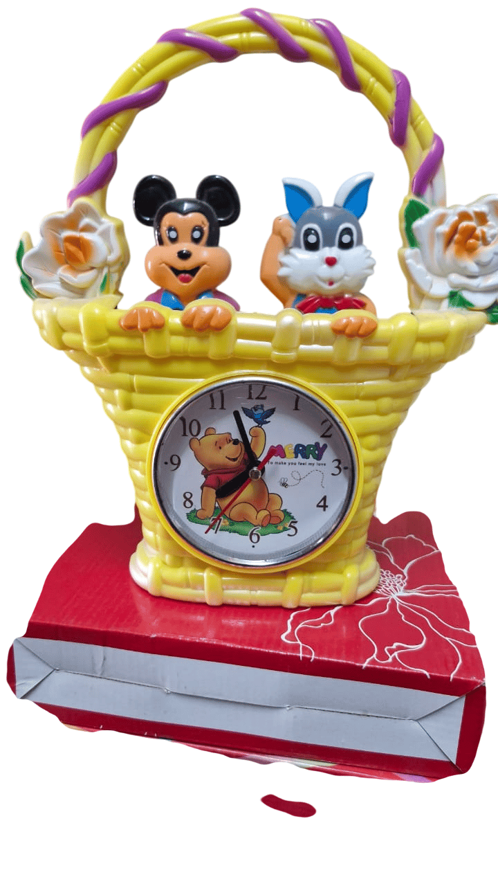 "Mickey Mouse clock", and "basket"