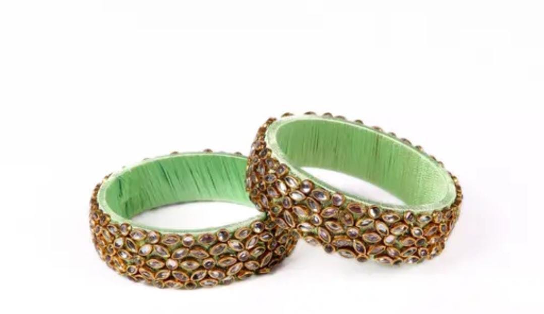 Green Silk Thread Bangle with Kundan Stones