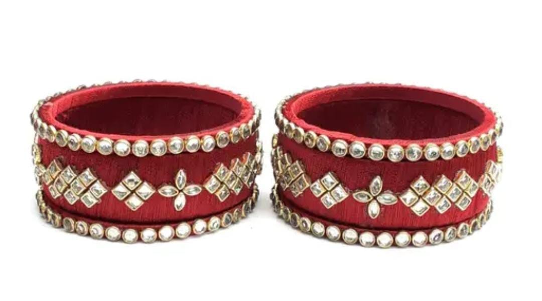 Red and White Silk Thread Bangles with Kundan Stones for Women